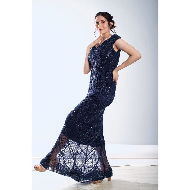 Ambrosia Hand Beaded Embellished Mid Night Navy Blue Long Gown