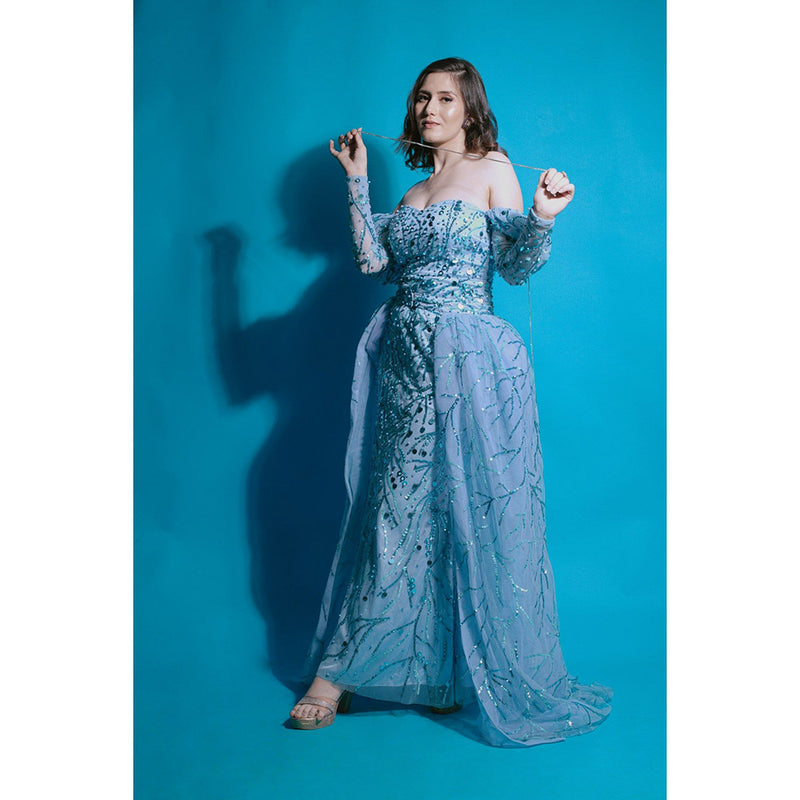 Ambrosia Hand Embellished Cinderella Blue Long Gown with Detachable Skirt (Set of 2)