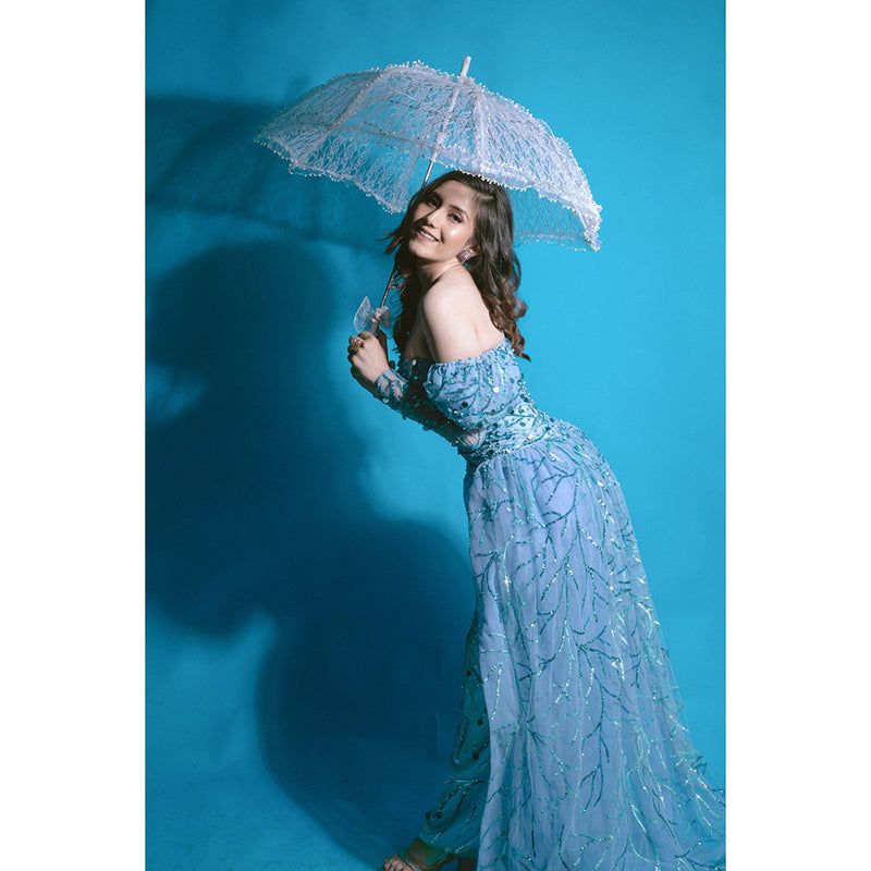 Ambrosia Hand Embellished Cinderella Blue Long Gown with Detachable Skirt (Set of 2)