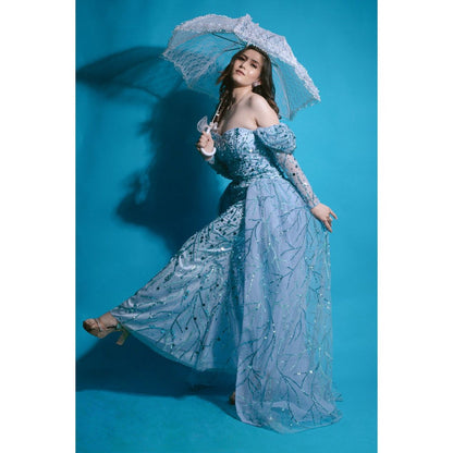 Ambrosia Hand Embellished Cinderella Blue Long Gown with Detachable Skirt (Set of 2)