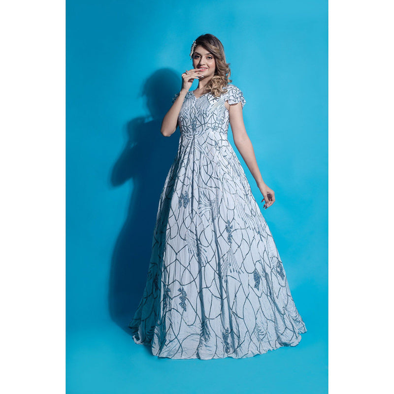 Ambrosia Hand Embellished Cool Blue Long Gown with Beaded Ruffled Sleeves