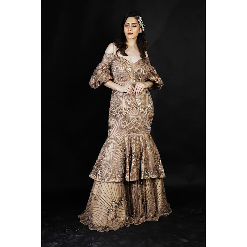 Ambrosia Hand Embellished Gold Layered Long Gown with Intricate Bead Work