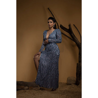 Ambrosia Hand Embellished Ice Blue Long Gown with Full Sleeves