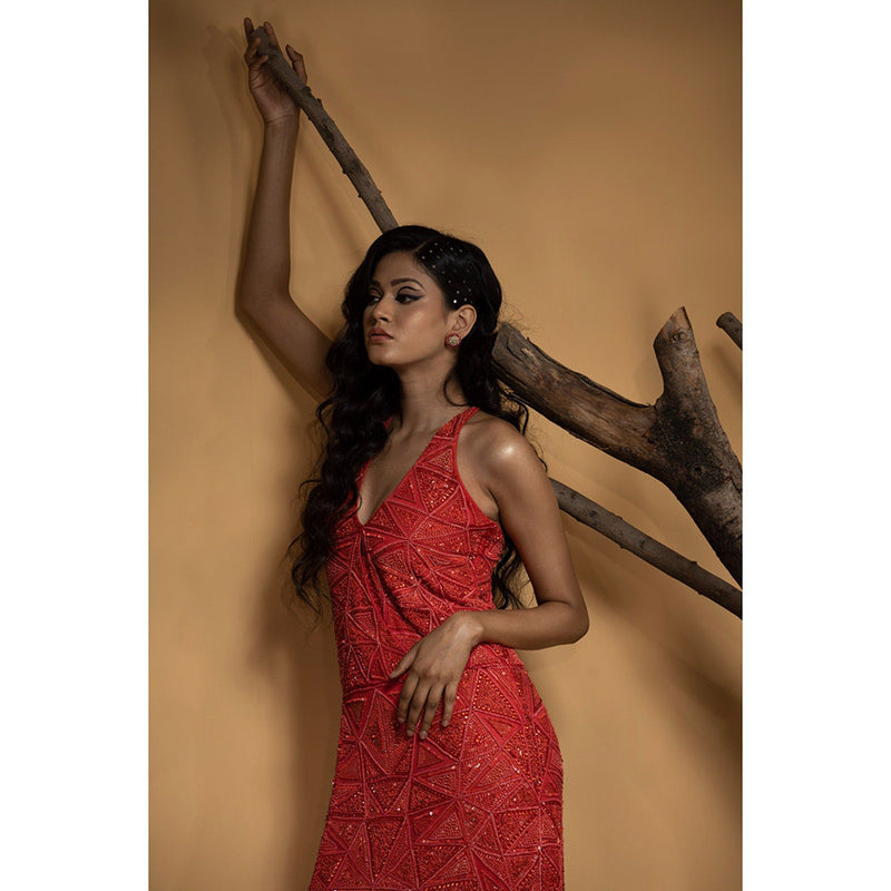 Ambrosia Hand Embellished Orange Sleeveless Long Gown with Intricate Beads