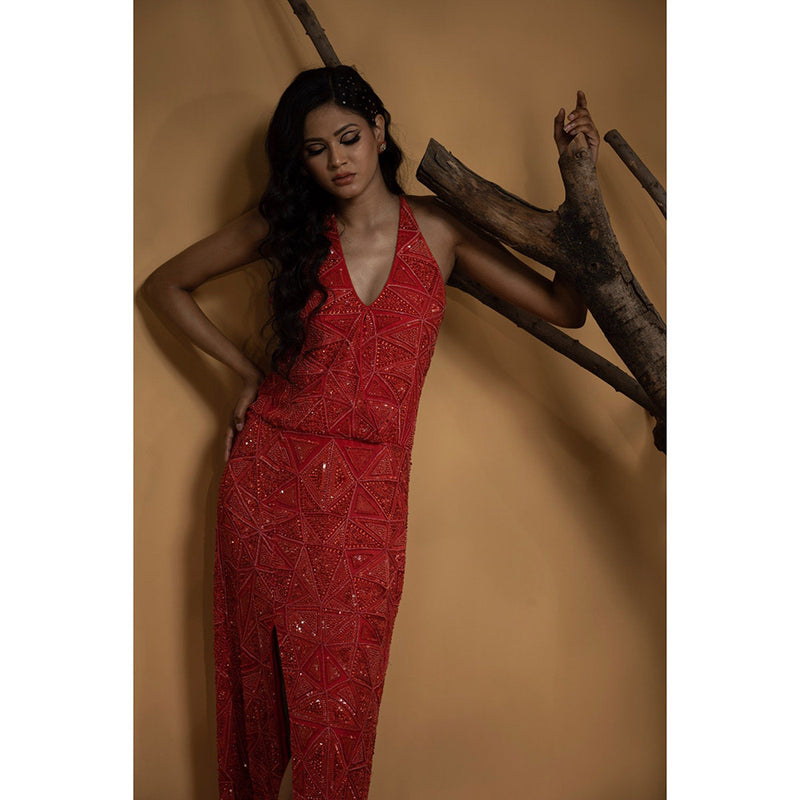 Ambrosia Hand Embellished Orange Sleeveless Long Gown with Intricate Beads