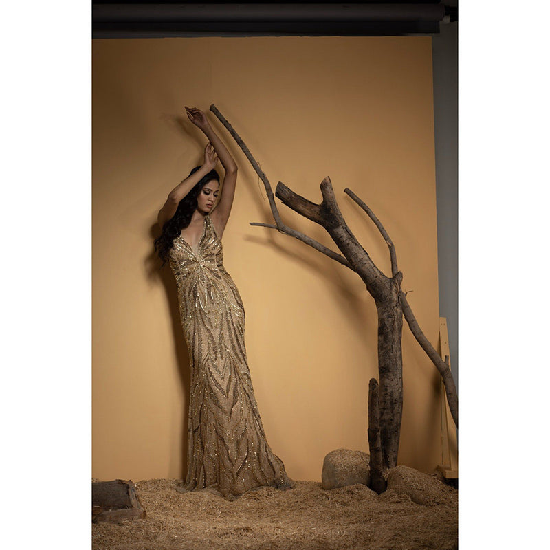 Ambrosia Hand Embellished Golden Sleeveless Long Gown with Intricate Beads Work