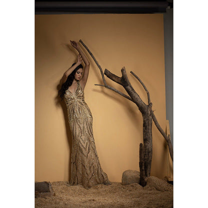 Ambrosia Hand Embellished Golden Sleeveless Long Gown with Intricate Beads Work