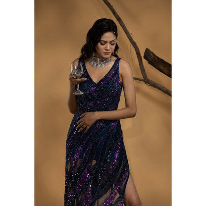 Ambrosia Hand Embellished Navy Blue High Slit Gown