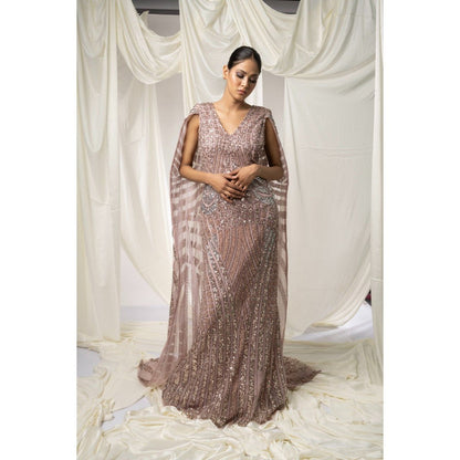Ambrosia Hand Embellished Pink V-Neck Gown with An Attached Beaded Cape Sleeves
