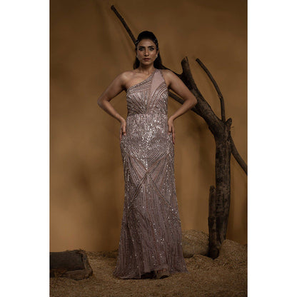 Ambrosia Hand Embellished One Shoulder Light Pink Sequence & Beaded Gown