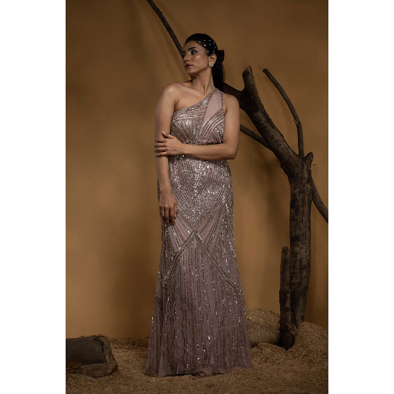 Ambrosia Hand Embellished One Shoulder Light Pink Sequence & Beaded Gown
