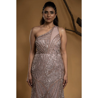 Ambrosia Hand Embellished One Shoulder Light Pink Sequence & Beaded Gown