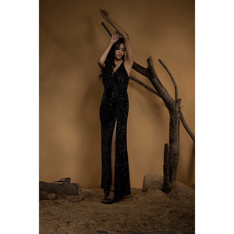 Ambrosia Hand Embellished High Slit Black Sequence & Beaded V-Neck Gown