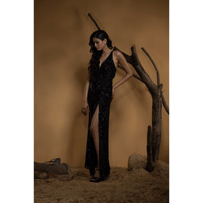 Ambrosia Hand Embellished High Slit Black Sequence & Beaded V-Neck Gown