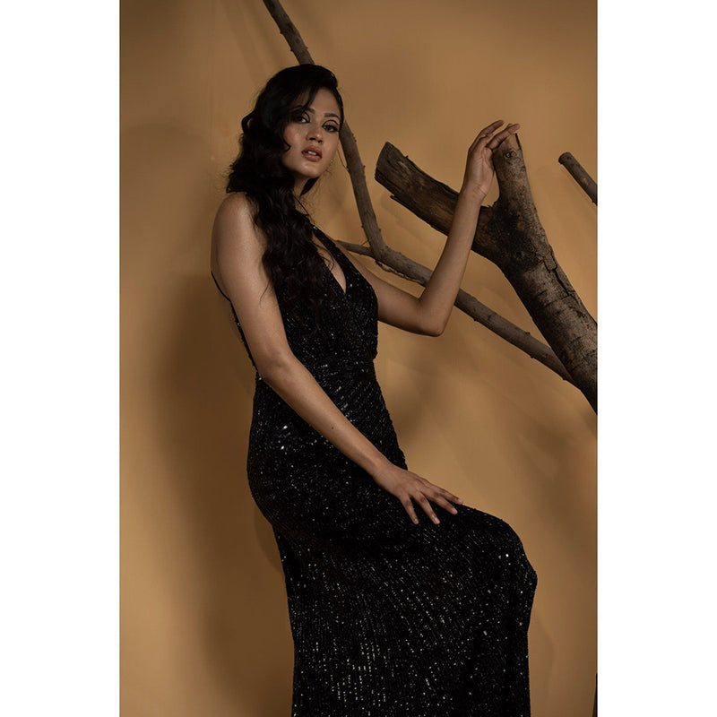 Ambrosia Hand Embellished High Slit Black Sequence & Beaded V-Neck Gown