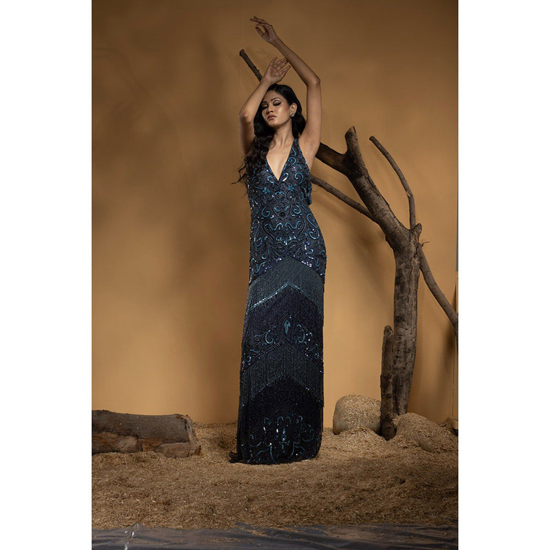 Ambrosia Hand Embellished Navy Blue V-Neck Sequence Gown