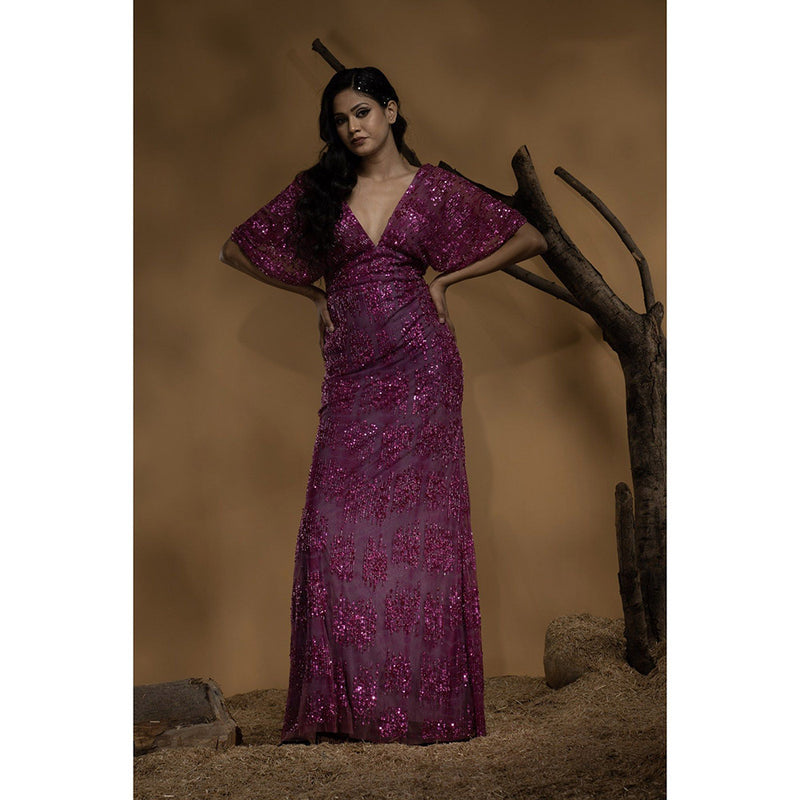 Ambrosia Hand Embellished Magenta Pink Gown with Intricate Sequence & Beads