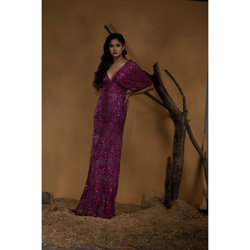 Ambrosia Hand Embellished Magenta Pink Gown with Intricate Sequence & Beads