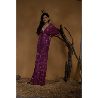 Ambrosia Hand Embellished Magenta Pink Gown with Intricate Sequence & Beads