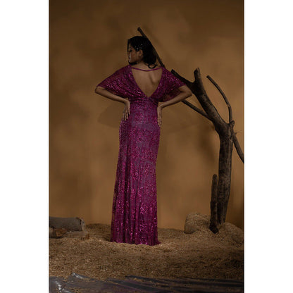 Ambrosia Hand Embellished Magenta Pink Gown with Intricate Sequence & Beads