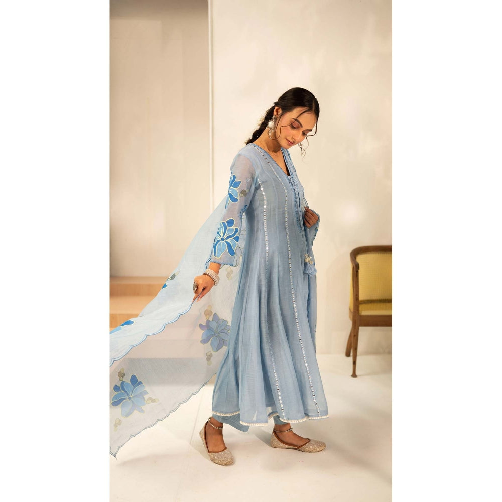 AM by Anita Mittal Blue Chanderi Zoya Anarkali Kurta with Pant and Dupatta