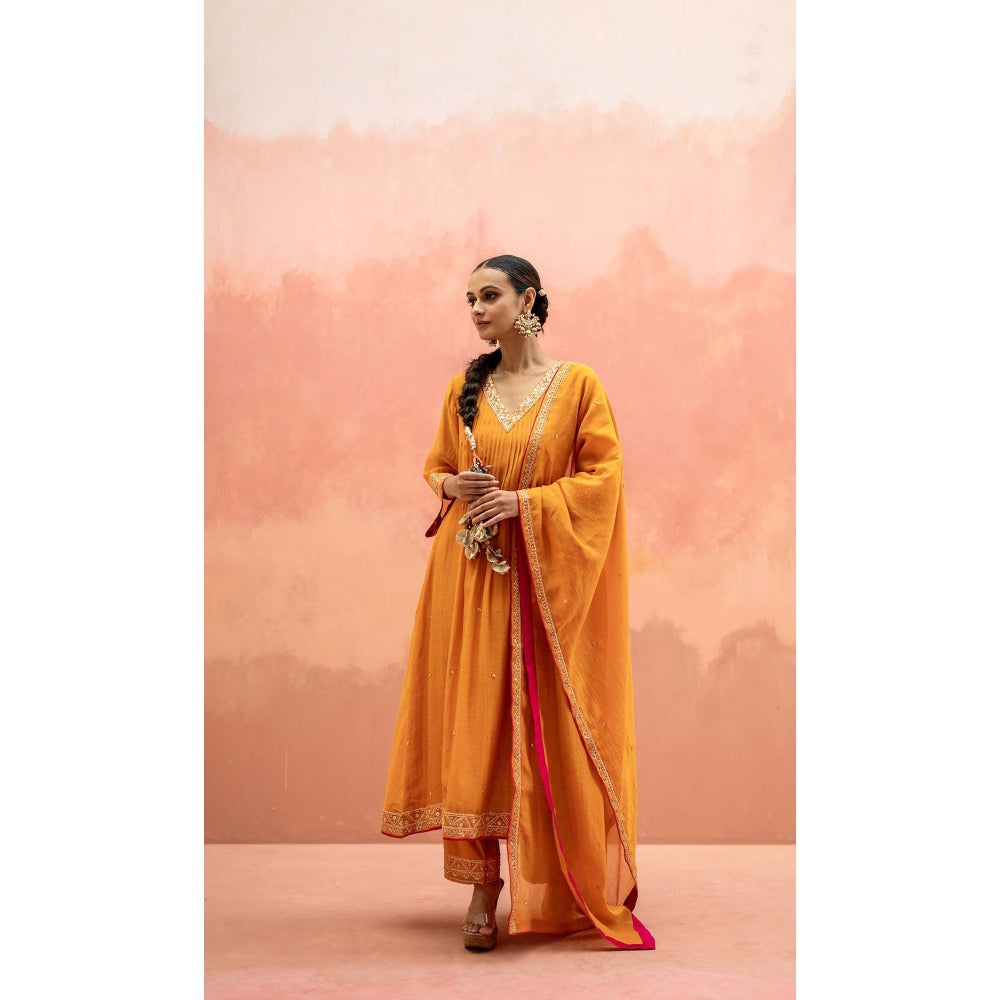 AM by Anita Mittal Yellow Sitara A-Line Kurta with Pant and Dupatta