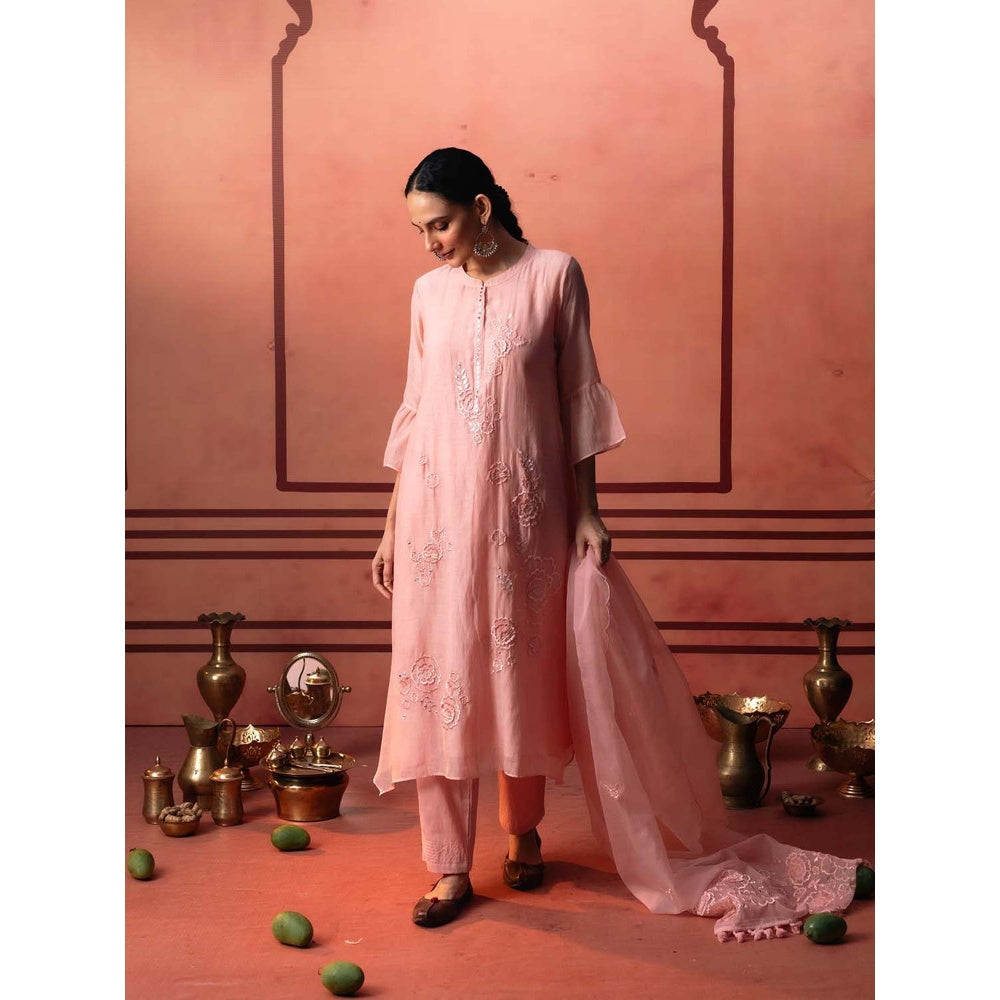 AM by Anita Mittal Pink Chanderi Ithr Kurta with Pant and Dupatta