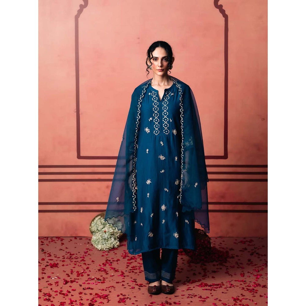 AM by Anita Mittal Blue Chanderi Niva Kurta with Pant and Dupatta