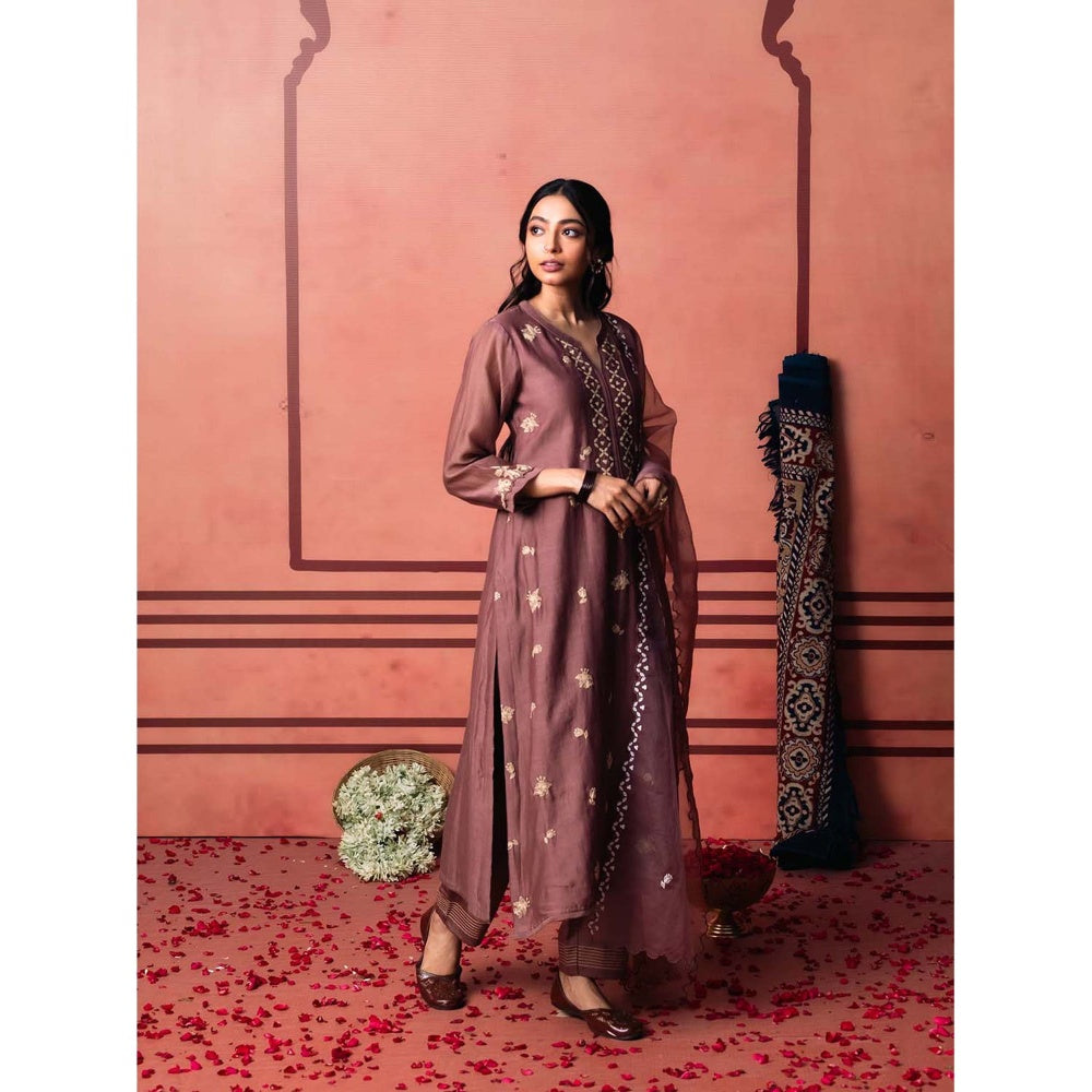 AM by Anita Mittal Brown Chanderi Niva Kurta with Pant and Dupatta