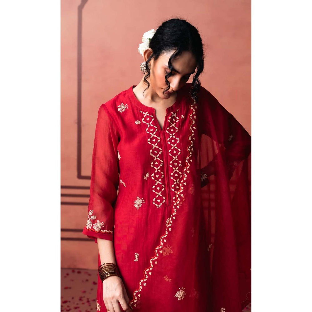 AM by Anita Mittal Red Chanderi Niva Kurta with Pant and Dupatta