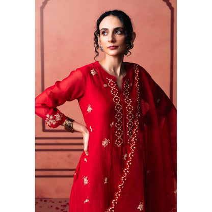 AM by Anita Mittal Red Chanderi Niva Kurta with Pant and Dupatta
