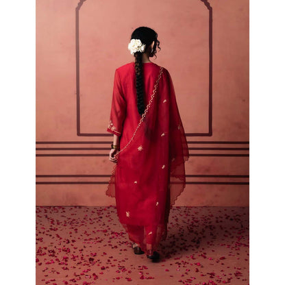 AM by Anita Mittal Red Chanderi Niva Kurta with Pant and Dupatta