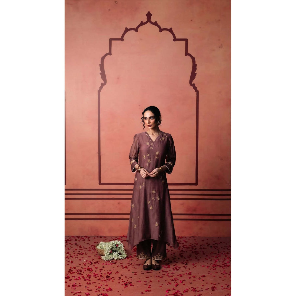AM by Anita Mittal Brown Chanderi Niva Kurta with Pant and Dupatta