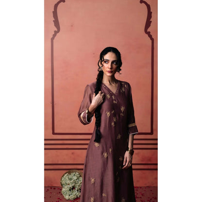 AM by Anita Mittal Brown Chanderi Niva Kurta with Pant and Dupatta