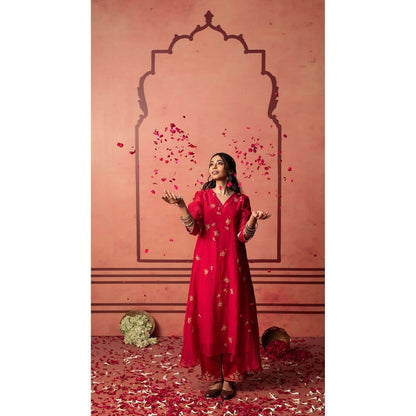 AM by Anita Mittal Red Chanderi Niva Kurta with Pant and Dupatta