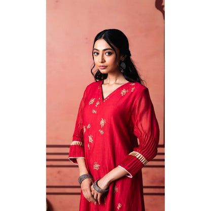 AM by Anita Mittal Red Chanderi Niva Kurta with Pant and Dupatta