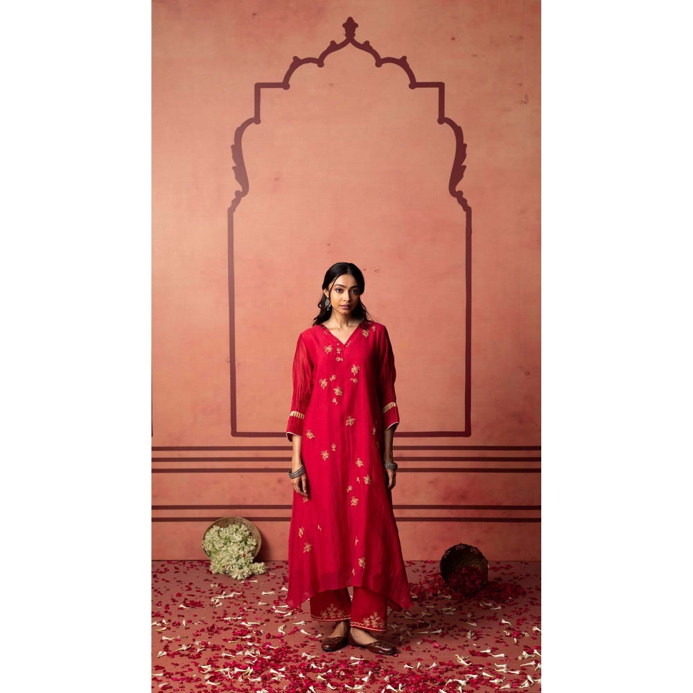 AM by Anita Mittal Red Chanderi Niva Kurta with Pant and Dupatta