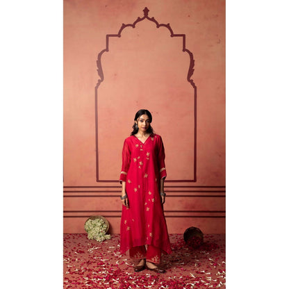 AM by Anita Mittal Red Chanderi Niva Kurta with Pant and Dupatta