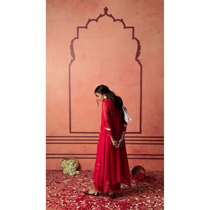 AM by Anita Mittal Red Chanderi Niva Kurta with Pant and Dupatta