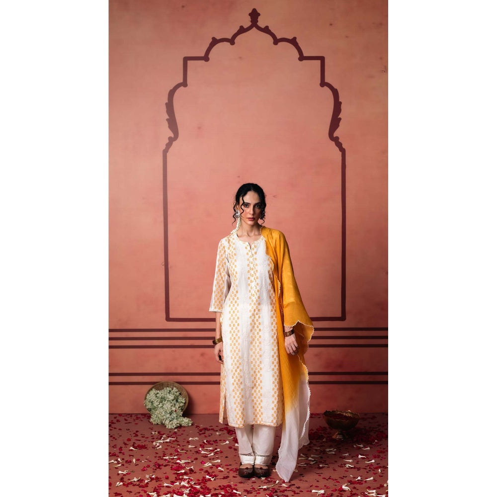 AM by Anita Mittal Yellow Cotton Saanjh Kurta with Pant and Dupatta