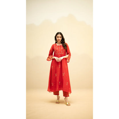 AM by Anita Mittal Red Chanderi Chandini Kurta with Pant and Dupatta
