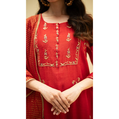 AM by Anita Mittal Red Chanderi Chandini Kurta with Pant and Dupatta