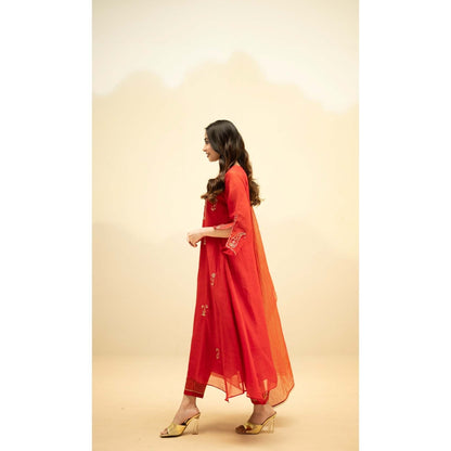 AM by Anita Mittal Red Chanderi Chandini Kurta with Pant and Dupatta