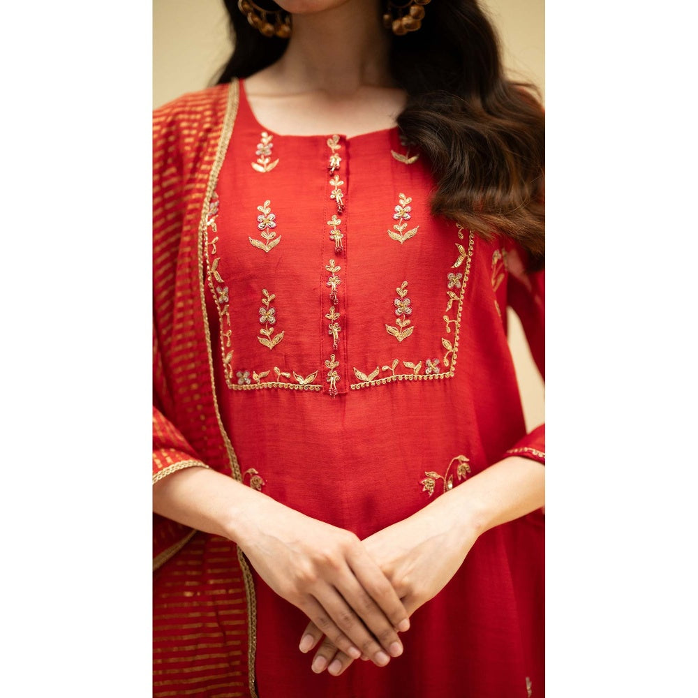 AM by Anita Mittal Red Chanderi Chandini Kurta with Pant and Dupatta