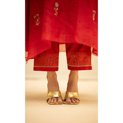 AM by Anita Mittal Red Chanderi Chandini Kurta with Pant and Dupatta