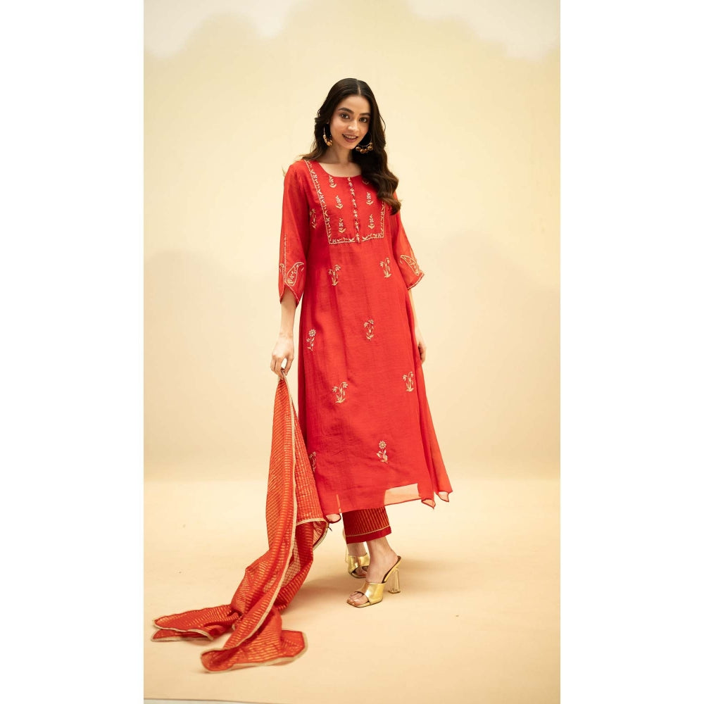 AM by Anita Mittal Red Chanderi Chandini Kurta with Pant and Dupatta