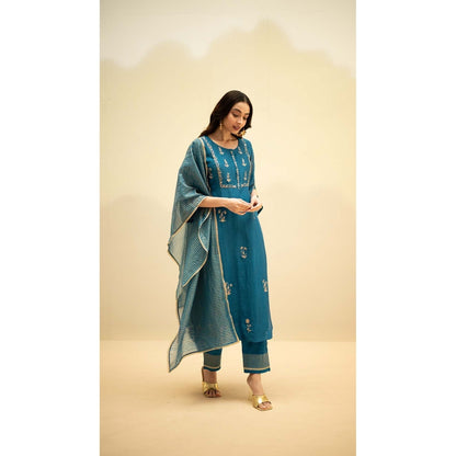 AM by Anita Mittal Teal Chanderi Chandini Kurta with Pant and Dupatta