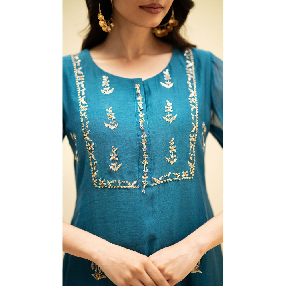 AM by Anita Mittal Teal Chanderi Chandini Kurta with Pant and Dupatta