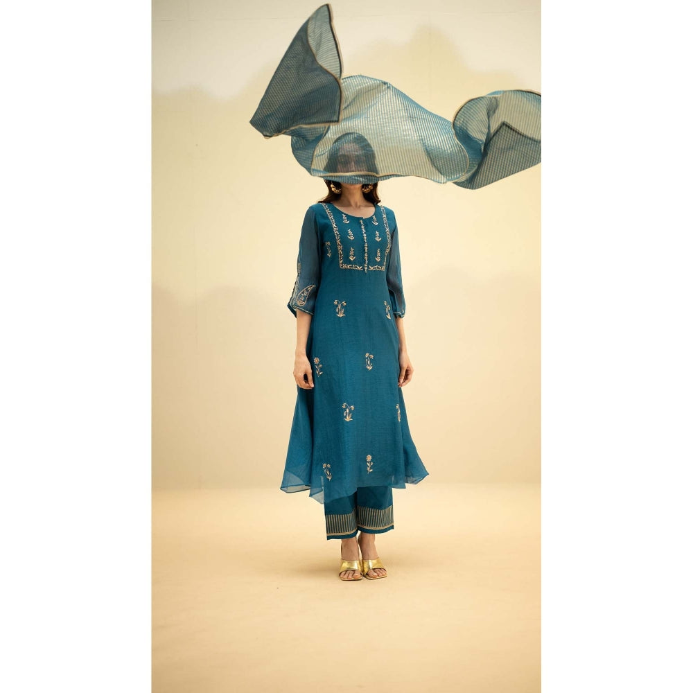 AM by Anita Mittal Teal Chanderi Chandini Kurta with Pant and Dupatta