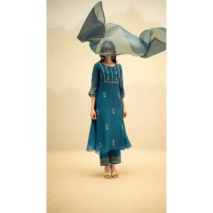 AM by Anita Mittal Teal Chanderi Chandini Kurta with Pant and Dupatta
